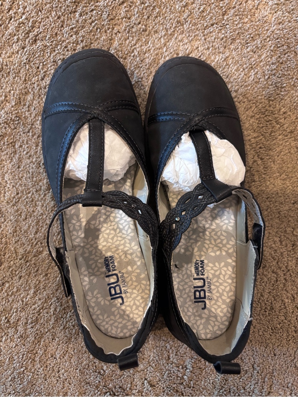 JBU Black T-Strap Floral Insole Flats